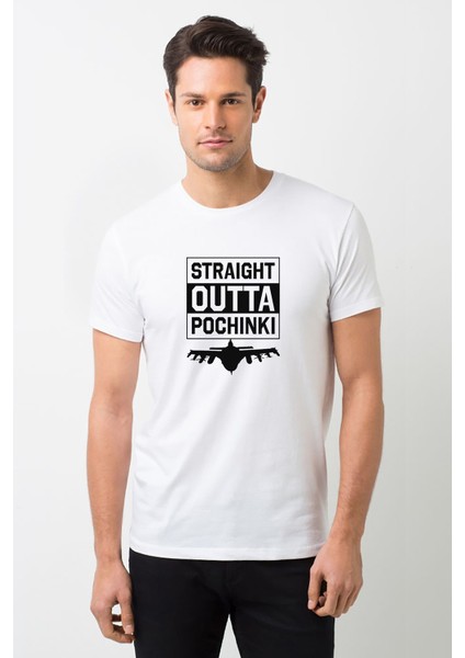 Pubg Straıght Outta Pochınkı Uçaklı Baskılı Beyaz Erkek Örme Tshirt