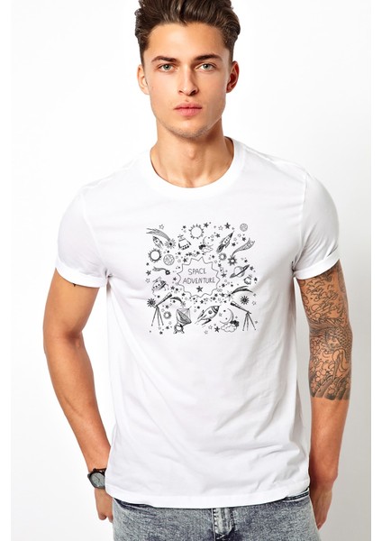 Space Adventure Uzay Gezegenler Nasa Yıldız Roket Astronot Baskılı Beyaz Erkek Örme Tshirt T-Shirt T
