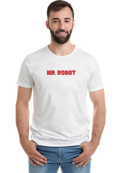 Mr Robot Baskılı Beyaz Erkek Örme Tshirt