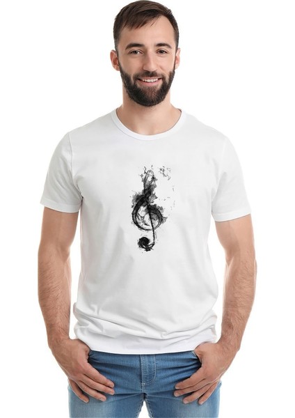 Sol Anahtarı Baskılı Beyaz Erkek Örme Tshirt