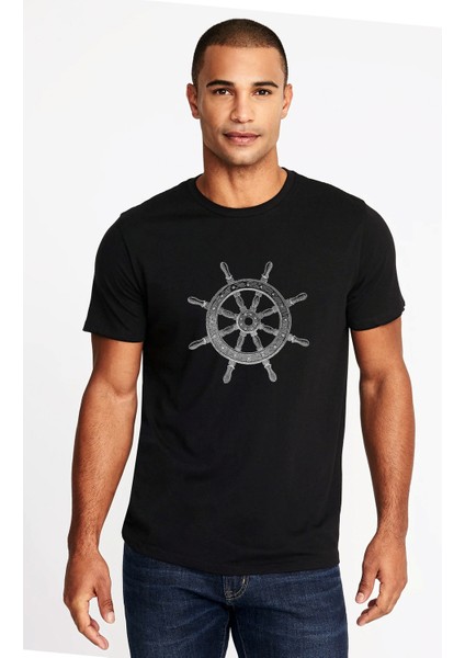 Gemi Dümeni Baskılı Siyah Erkek Örme Tshirt