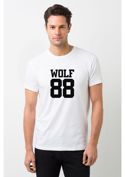 Wolf 88 Logo Baskılı Beyaz Erkek Örme Tshirt