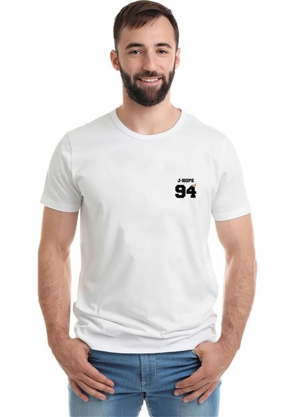 Bts J Hope 94 Baskılı Beyaz Erkek Örme Tshirt