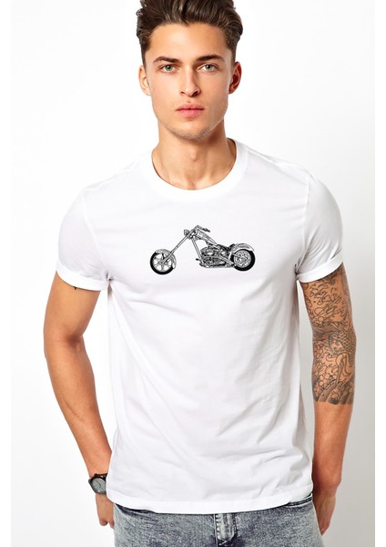 Classic Motor Rock Metal Baskılı Beyaz Erkek Örme Tshirt
