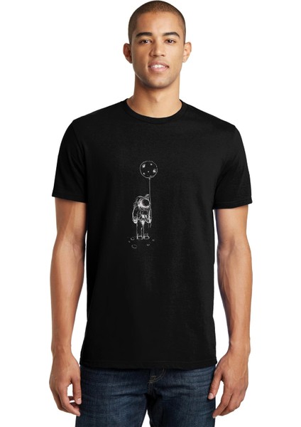 Astronot Uzay Balon Ay Baskılı Siyah Erkek Örme Tshirt