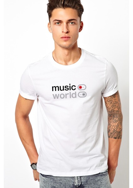 Music On World Off Baskılı Beyaz Erkek Örme Tshirt