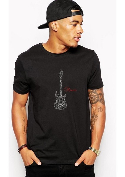 Notalar Gitar Music Müzik Baskılı Siyah Erkek Örme Tshirt