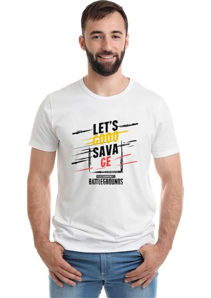 Pubg Savage Baskılı Beyaz Erkek Örme Tshirt