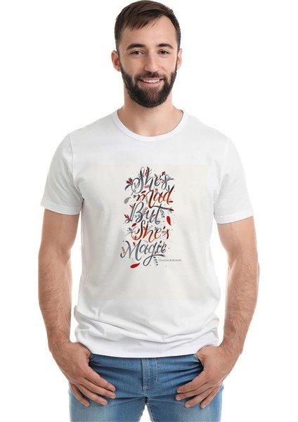 Charles Bukowski Shes Mad But She Baskılı Beyaz Erkek Örme Tshirt