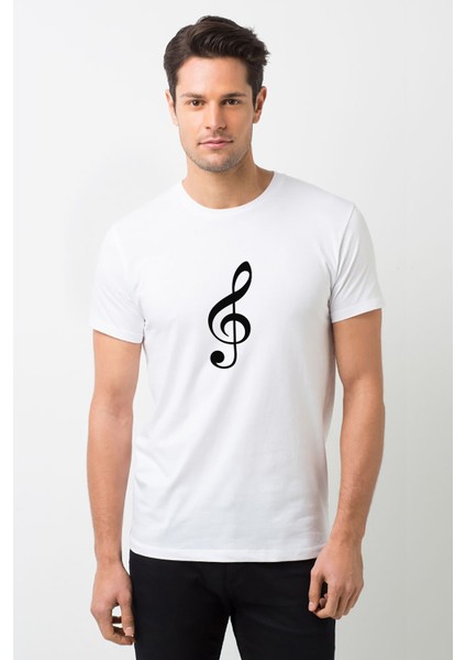 Sol Anahtarı Baskılı Beyaz Erkek Örme Tshirt