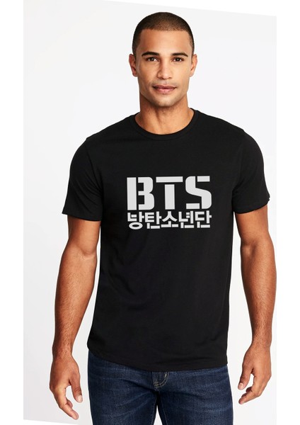 Bts Logo Baskılı Siyah Erkek Örme Tshirt