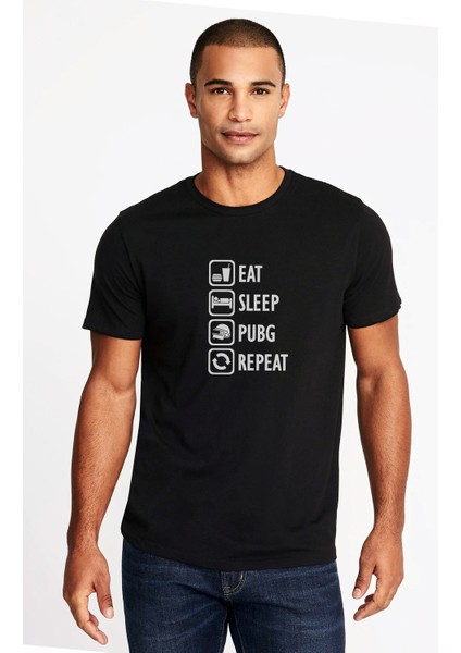 Pubg Eat Sleep Pubg Repeat Baskılı Siyah Erkek Örme Tshirt