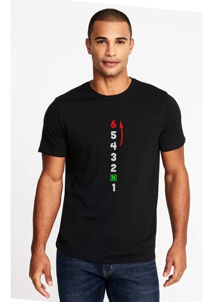 1N23456 Motor Ileri Baskılı Siyah Erkek Örme Tshirt