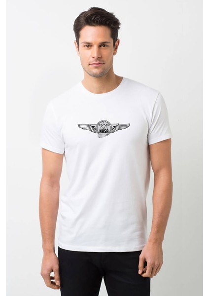 Nasa Logo Baskılı Beyaz Erkek Örme Tshirt