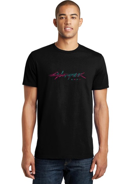 Cyberpunk Baskılı Siyah Erkek Örme Tshirt