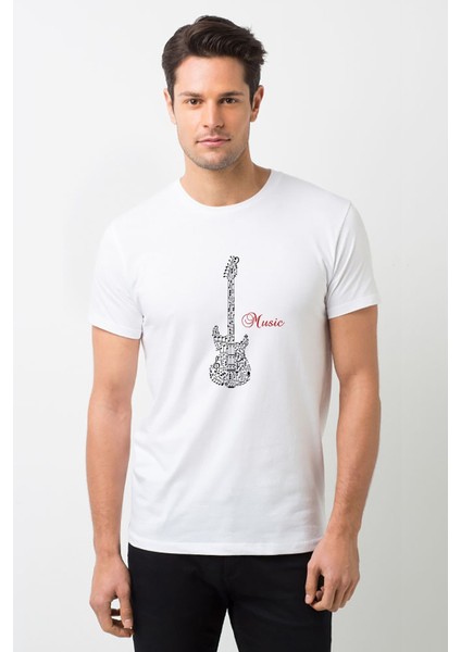 Notalar Gitar Music Müzik Baskılı Beyaz Erkek Örme Tshirt