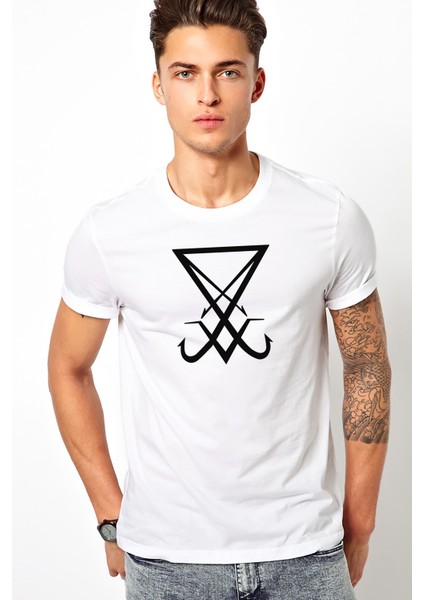 Lucifer Sigil 2 Baskılı Beyaz Erkek Örme Tshirt