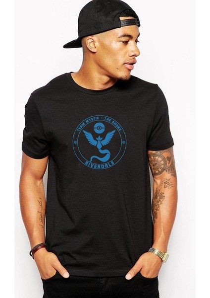 Riverdale Team Mystic Pokemon Go Baskılı Siyah Erkek Örme Tshirt