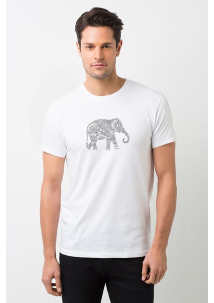 Zentangle Elephants Baskılı Beyaz Erkek Örme Tshirt