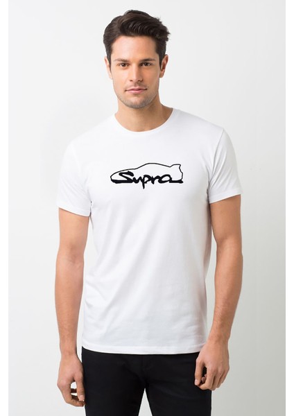 Araba Supra Logo Baskılı Beyaz Erkek Örme Tshirt