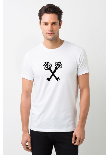 Keys Clefs White On Black 2 Baskılı Beyaz Erkek Örme Tshirt