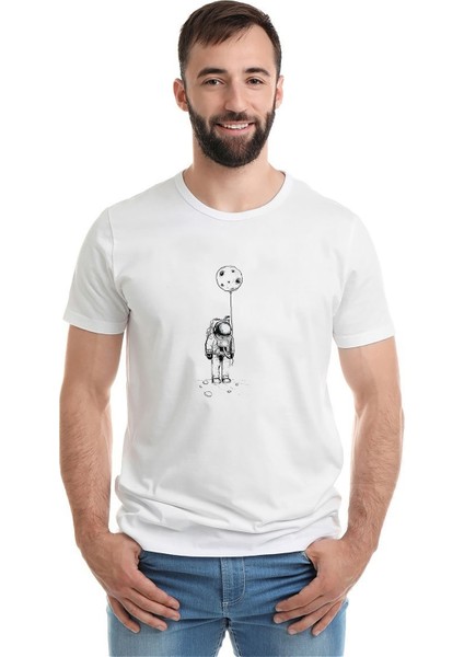 Astronot Uzay Balon Ay Baskılı Beyaz Erkek Örme Tshirt