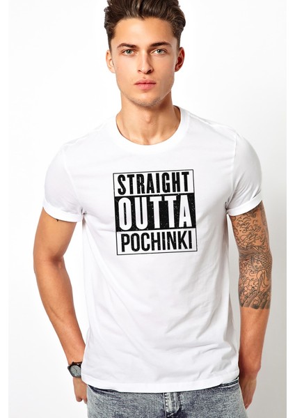 Pubg Straıght Outta Pochınkı Baskılı Beyaz Erkek Örme Tshirt