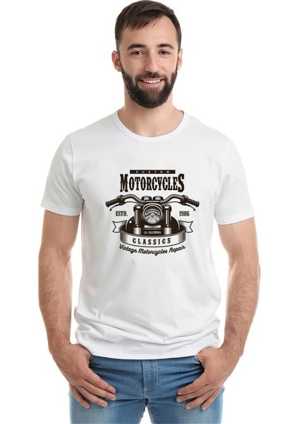 American Moto Costum Classics Baskılı Beyaz Erkek Örme Tshirt