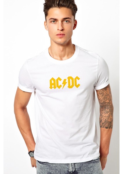 Acdc Logo Sarı Baskılı Beyaz Erkek Örme Tshirt