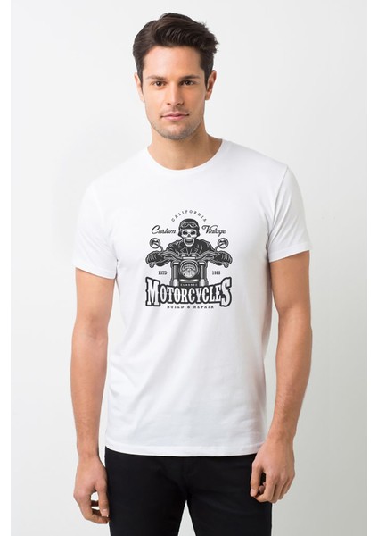 American Moto Costum Vintage Baskılı Beyaz Erkek Örme Tshirt