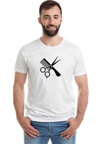 Berber Kuaför Barber Shop Baskılı Beyaz Erkek Örme Tshirt