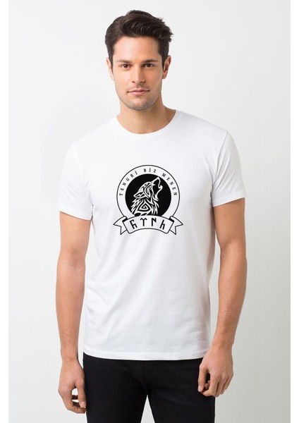 Göktürk Tengri Biz Menen Baskılı Beyaz Erkek Örme Tshirt