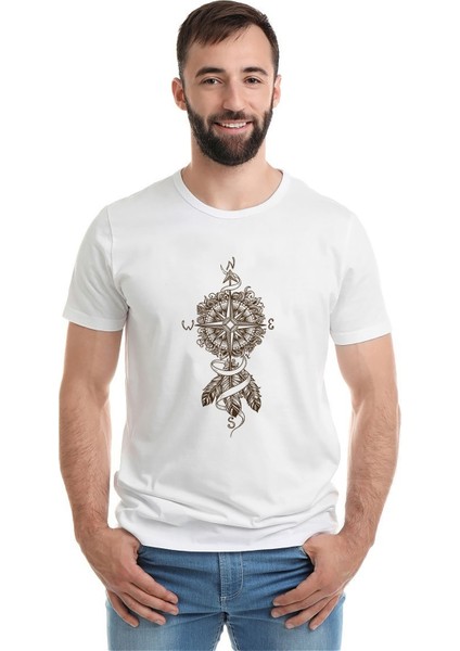 Dreamcatcher Pusula Baskılı Beyaz Erkek Örme Tshirt