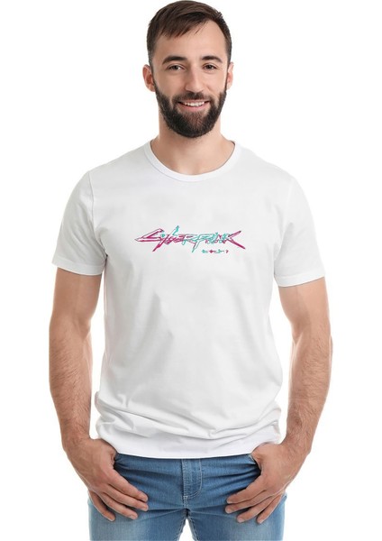 Cyberpunk Baskılı Beyaz Erkek Örme Tshirt