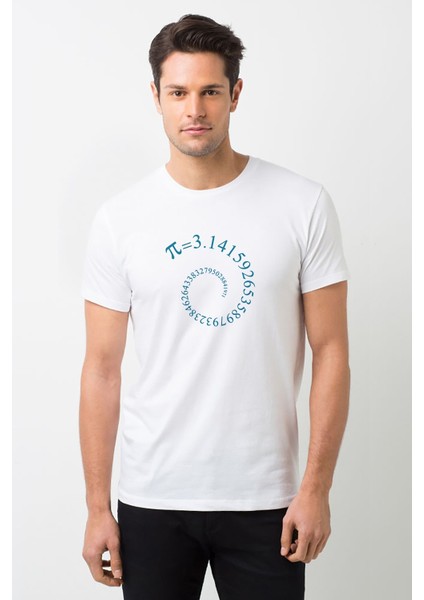 14 Mart Dünya Pi Günü Baskılı Beyaz Erkek Örme Tshirt