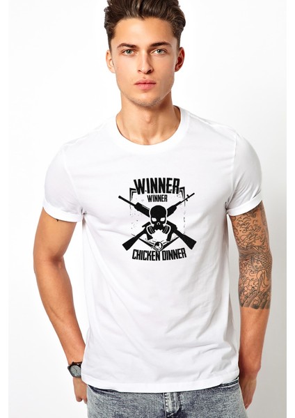 Pubg Kuru Kafa Beyaz Baskılı Beyaz Erkek Örme Tshirt