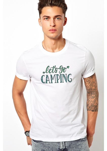 Lets Go Camping Tipografi Baskılı Beyaz Erkek Örme Tshirt