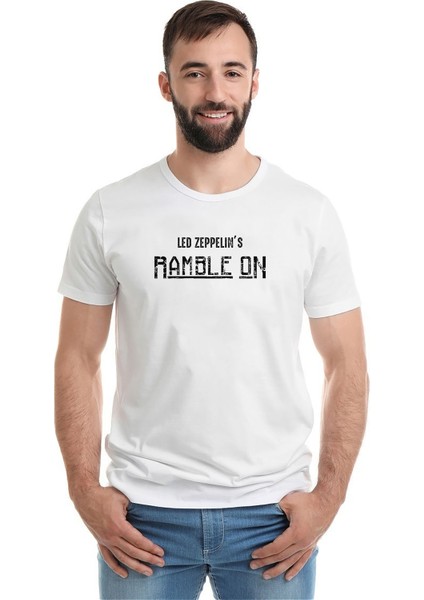 LED Zeppelin Rample On Baskılı Beyaz Erkek Örme Tshirt