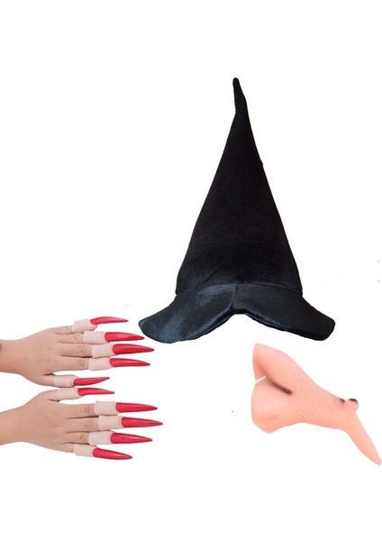 Yetişkin Kadife Cadı Şapkası Tırnak Burun Set Model 2