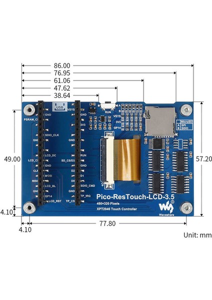 Raspberry Pi Pico 3.5inç Dokunmatik Ekran Modülü - 65K Colors, 480×320, Spı