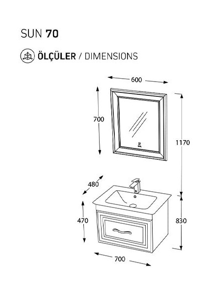 Sun 70 cm Lame Banyo Dolabı Gümüş Renk