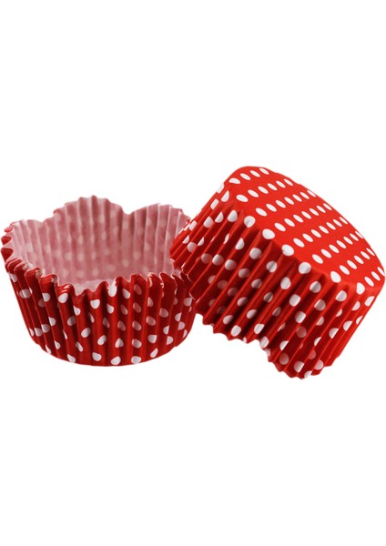 Cupcake Kalıbı Pet Kapsül Dalgalı Kek Kalıbı 65X38 mm - 100 Adet Puantiyeli Kırmızı