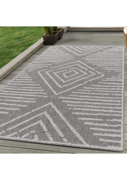 Dış Mekan Teras Halısı Sisal Hasır görünümlü çizgi Geometrik Gri