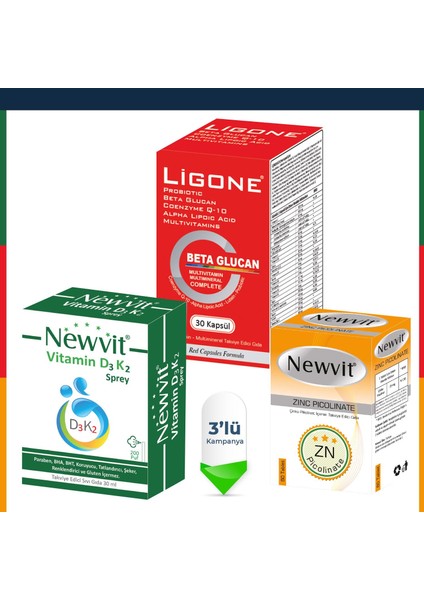 Ligone 30 Kapsül + Newvit Çinko + Newvit D3 K2