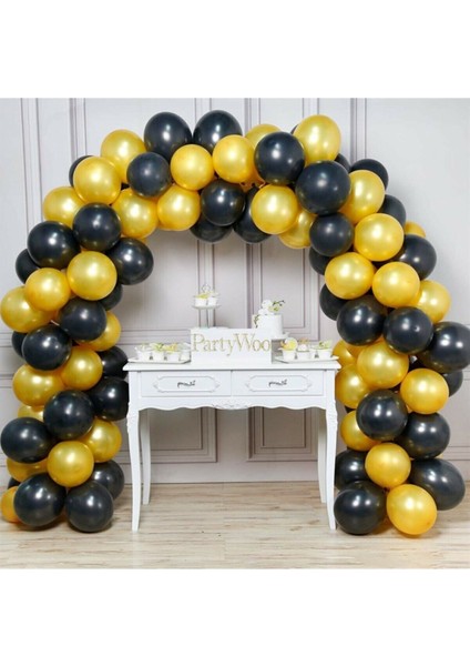 12 Inç 100 Adet Metalik Sarı - Pastel Siyah Balon + 5 mt Balon Zinciri
