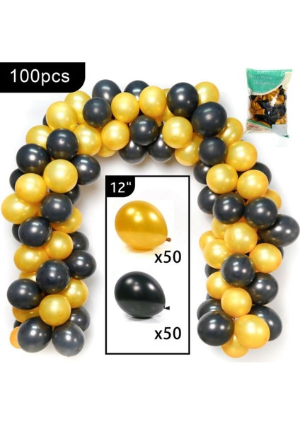 12 Inç 100 Adet Metalik Sarı - Pastel Siyah Balon + 5 mt Balon Zinciri