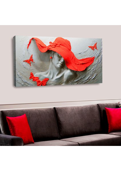 ZEVAHİR MOBİLYA DEKORASYON Zevahir 120X60 Kanvas Kırmızı Şapkalı Heykel Kadın Modern Tablo