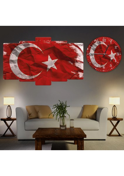 ZEVAHİR MOBİLYA DEKORASYON Zevahir 5 Parça Mdf Türk Bayrağı Tablo ve Mdf Saat Kombin