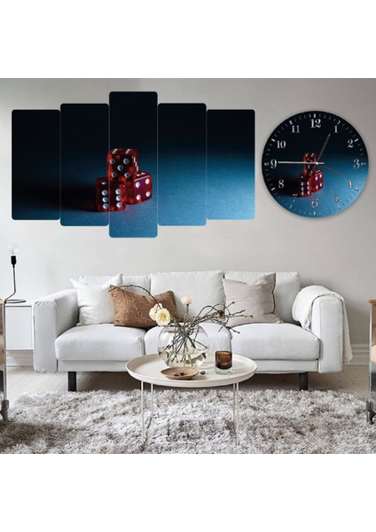 ZEVAHİR MOBİLYA DEKORASYON Zevahir 5 Parça Mdf Kırmızı Zar Tablo ve Mdf Saat Kombin