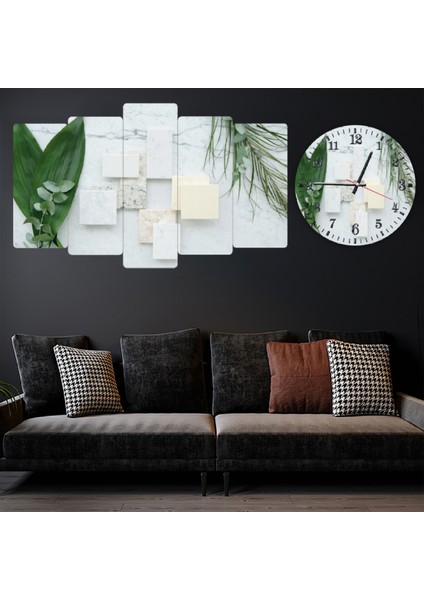 ZEVAHİR MOBİLYA DEKORASYON Zevahir 5 Parça Mdf Yeşil Yaprak Tablo ve Mdf Saat Kombin